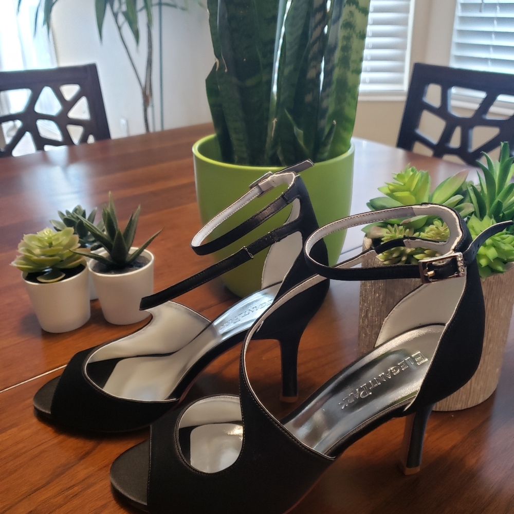 Elegant Park Black Satin Peep Toe Heels Size 8